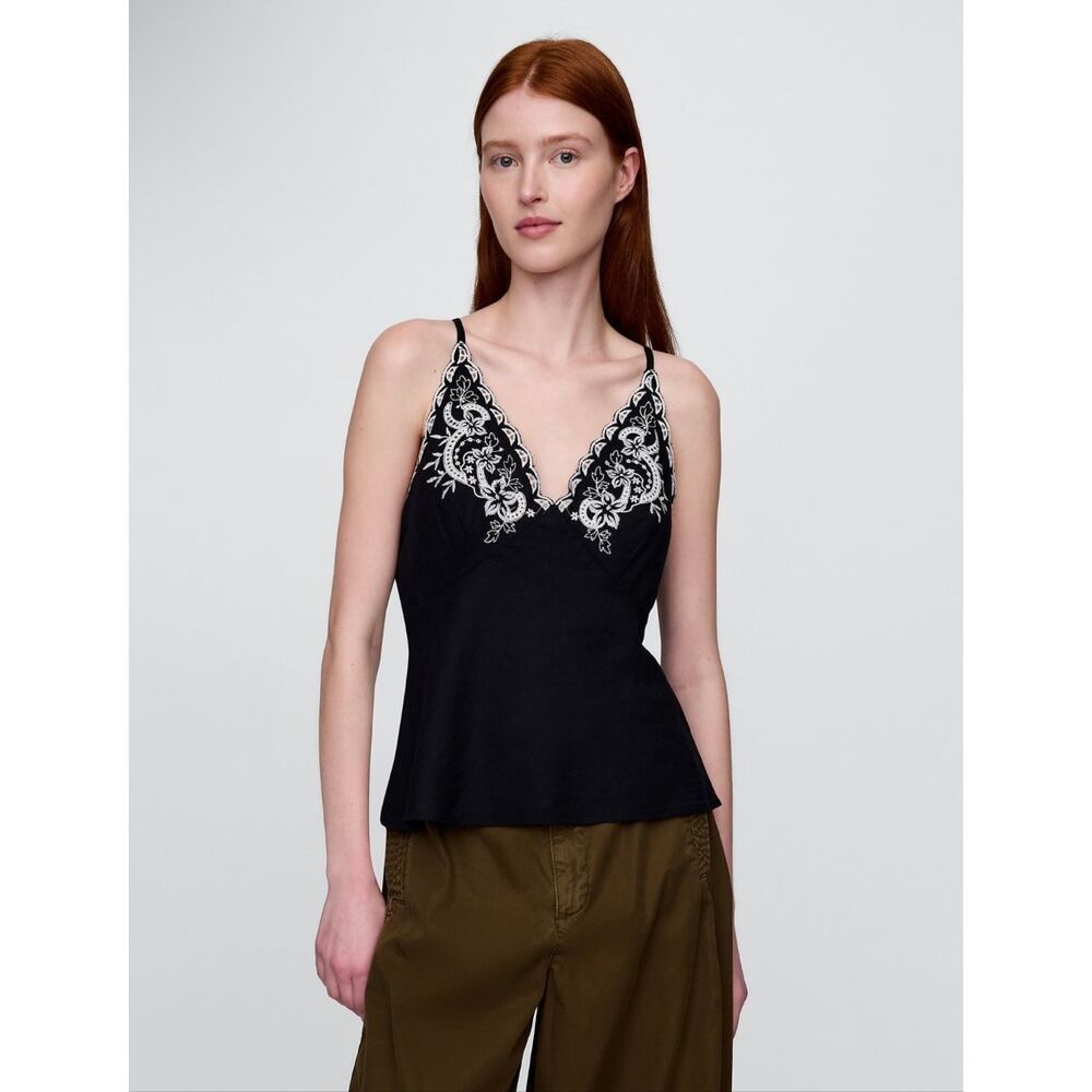 Gap Linen Blend Embroidered Halter Top Size XL NWT